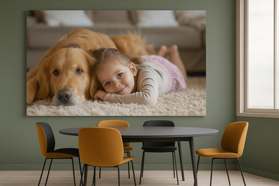 Kind met huisdier op aluminium geprint